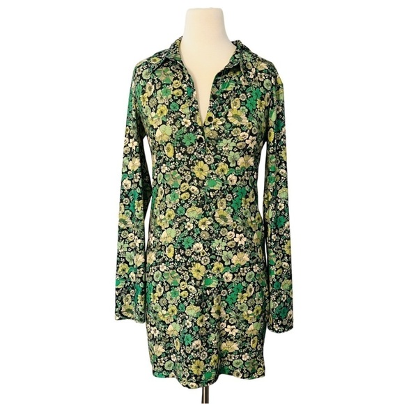 ZARA Floral Vibrant Green Print Collared Mini Dress Size S NEW - Picture 2 of 8
